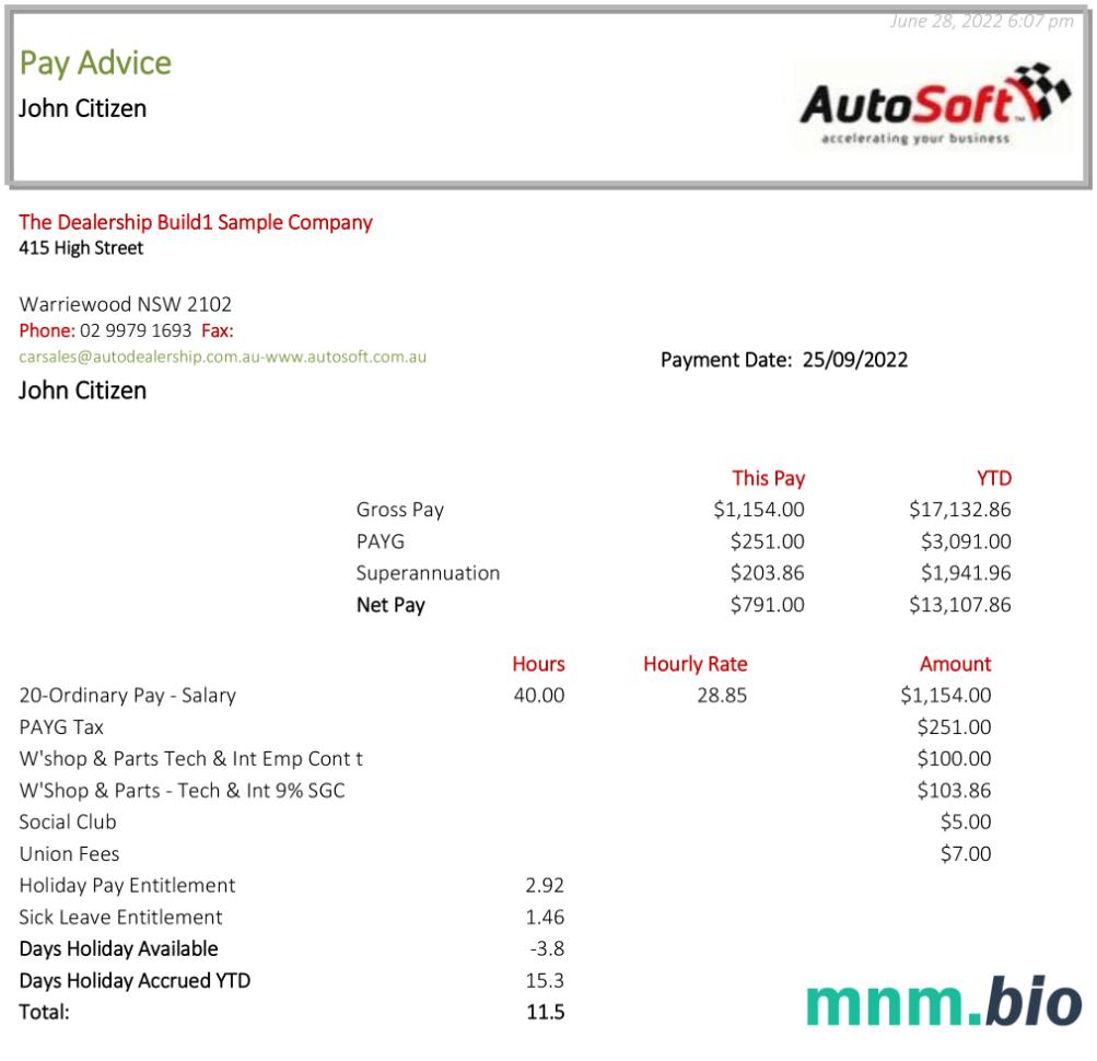 Australia NSW AutoSoft payslip